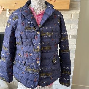 Boden Navy Puffer Jacket with Iconic City Print